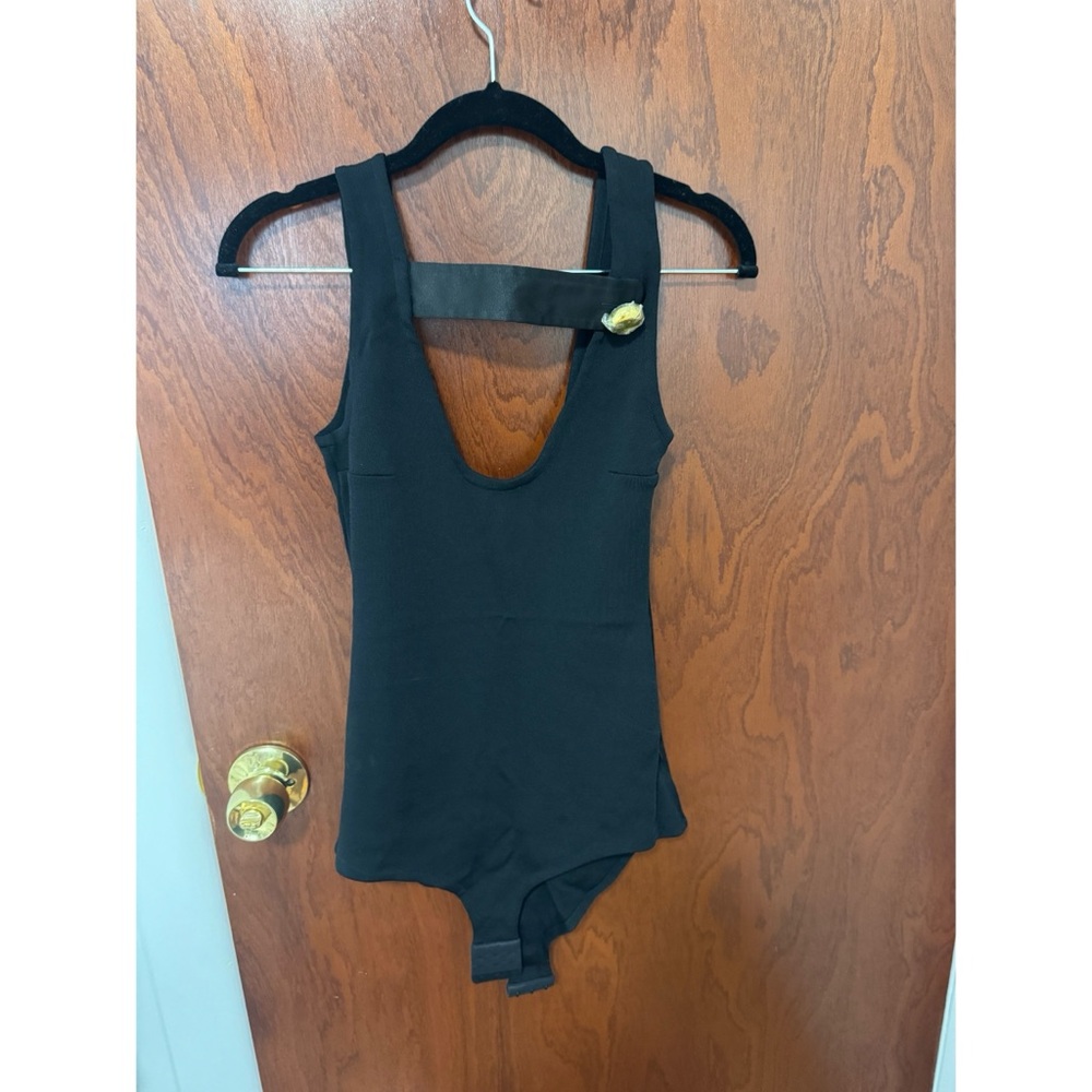 Black Sleeveless Bodysuit with Gold Accent